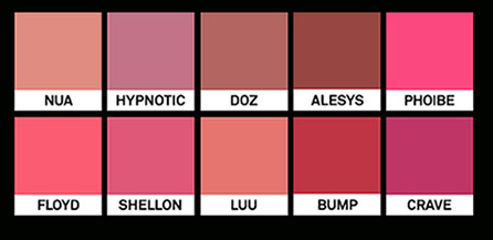 ProtoClinical k-beauty NAMING Blurry Heart Lip Tint 4.7g (10colors) horizontal lip tint swatch strip with three pink color panels on a dark layout