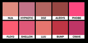 ProtoClinical k-beauty NAMING Blurry Heart Lip Tint 4.7g (10colors) horizontal lip tint swatch strip with three pink color panels on a dark layout