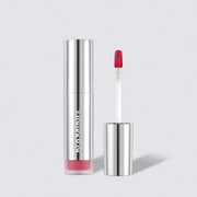 ProtoClinical k-beauty NAMING Dewy Glass Lip Tint (6colors) silver lip tint tube shown upright beside an open applicator with rosy red tint on a pale gray background
