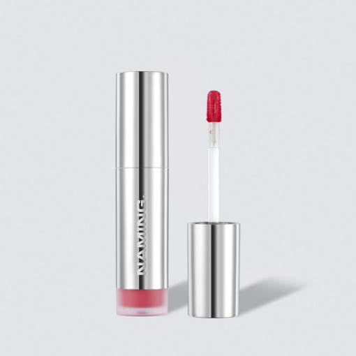ProtoClinical k-beauty NAMING Dewy Glass Lip Tint (6colors) silver lip tint tube shown upright beside an open applicator with rosy red tint on a pale gray background