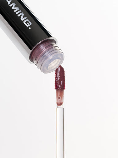ProtoClinical k-beauty NAMING Dewy Glass Lip Tint (6colors) close-up of a black lip tint tube opening with a berry-toned applicator wand on a pale gray background