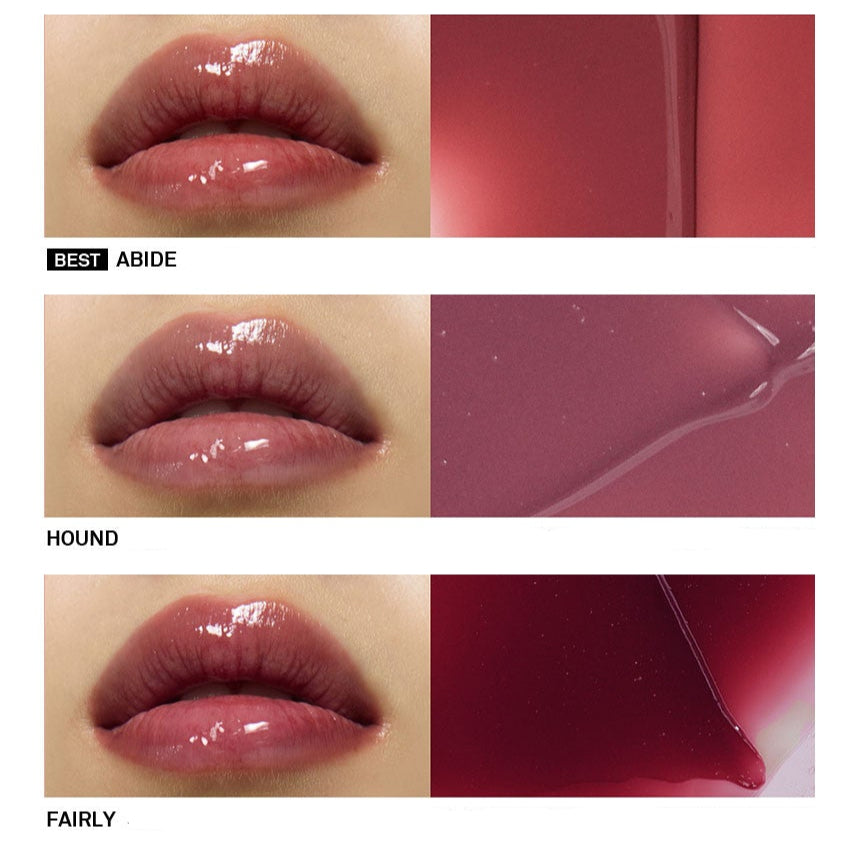 ProtoClinical k-beauty NAMING Dewy Glass Lip Tint (6colors) lip swatch chart showing glossy nude pink shades ABIDE, HOUND, and FAIRLY beside matching color panels