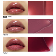 ProtoClinical k-beauty NAMING Dewy Glass Lip Tint (6colors) lip swatch chart showing glossy nude pink shades ABIDE, HOUND, and FAIRLY beside matching color panels