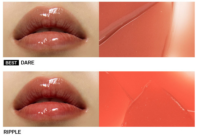 ProtoClinical k-beauty NAMING Dewy Glass Lip Tint (6colors) lip swatch chart showing glossy peach-coral shades DARE and RIPPLE beside matching color panels