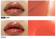 ProtoClinical k-beauty NAMING Dewy Glass Lip Tint (6colors) lip swatch chart showing glossy peach-coral shades DARE and RIPPLE beside matching color panels