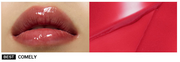 ProtoClinical k-beauty NAMING Dewy Glass Lip Tint (6colors) lip swatch chart showing glossy rosy red shade COMELY beside a matching color panel