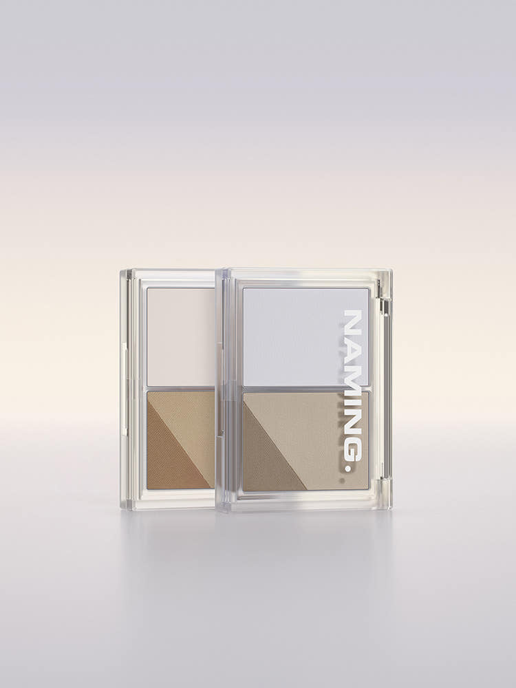ProtoClinical k-beauty round cosmetic compact on a cream and taupe striped background.