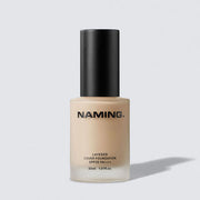 ProtoClinical k-beauty NAMING Layered Cover Foundation SPF35 PA++ 30ml single upright beige foundation bottle centered on a white background with pale blue accents.