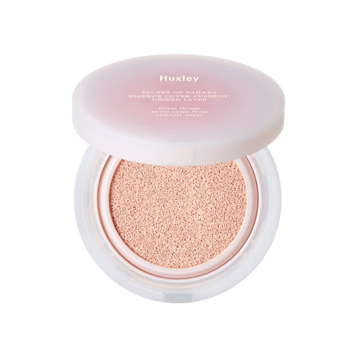 Huxley Essence Cover Cushion Unseen Layer SPF23 PA++ 12g (2color) by ProtoClinical shown in soft peach k-beauty cushion packaging on a light background.