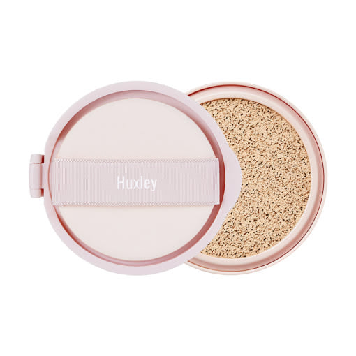 Huxley Essence Cover Cushion Unseen Layer SPF23 PA++ 12g [Refill] (2color) by ProtoClinical shown in soft peach k-beauty refill cushion packaging on a light background.