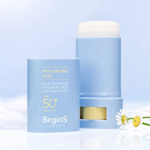 ProtoClinical k-beauty JUNGSAEMMOOL Blue Chamomile Hyaluronic Acid Airy Stick SPF50+ PA++++ 15g single upright blue-gray sunscreen stick centered on a light background.