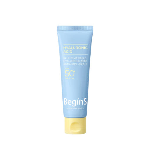 ProtoClinical k-beauty JUNGSAEMMOOL Blue Chamomile Hyaluronic Acid Aqua Sun Cream SPF 50+ PA++++ 50ml single upright package centered on a light background.
