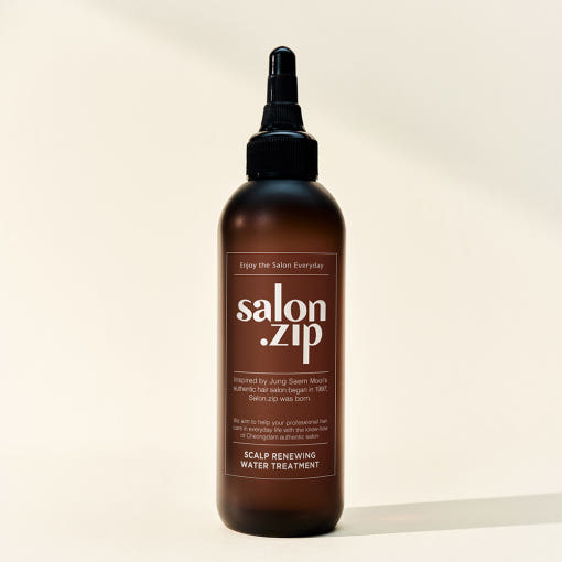 ProtoClinical k-beauty JUNGSAEMMOOL Salon.Zip Scalp Renewing Water Treatment 200ml warm brown bottle silhouette with soft cream side bands on a light background.
