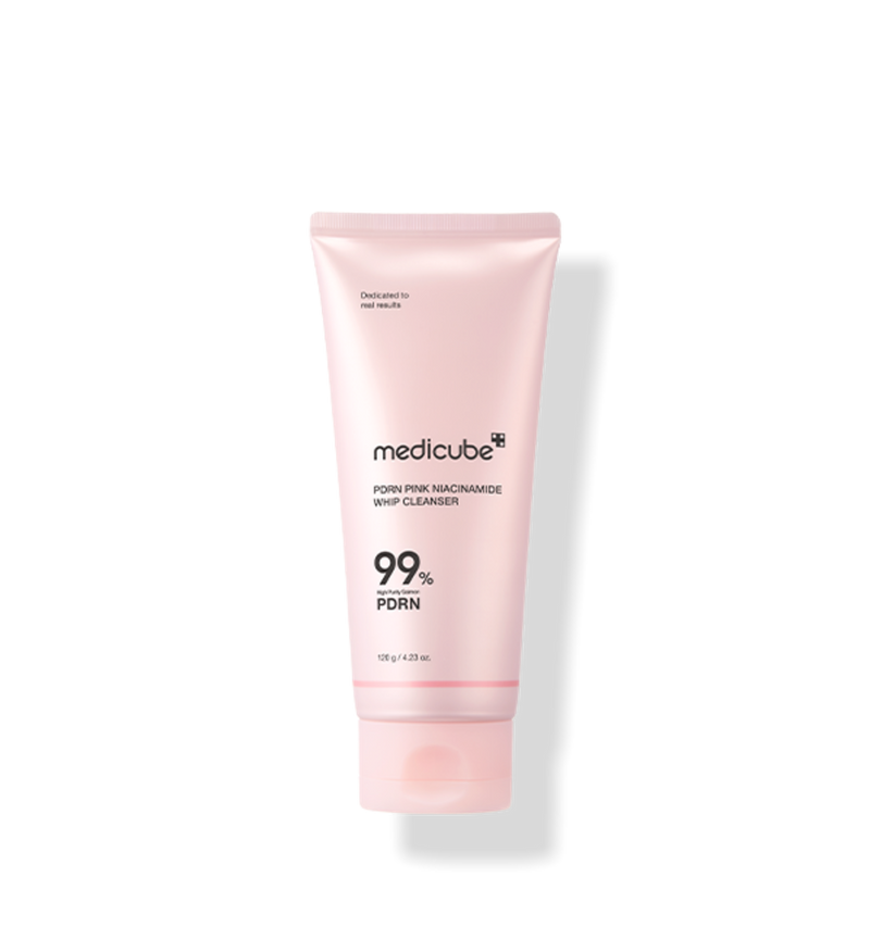 ProtoClinical k-beauty MEDICUBE: PDRN Pink Niacinamide Whip Cleanser (120g), single upright soft pink cleanser tube on a white background.