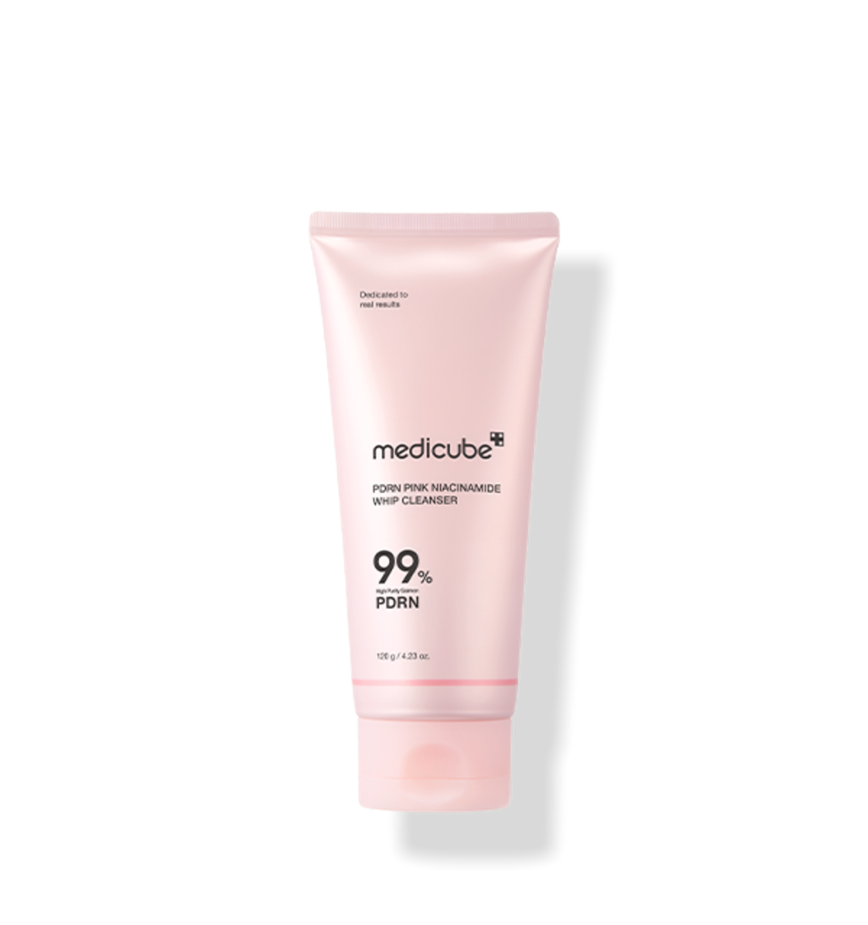 ProtoClinical k-beauty MEDICUBE: PDRN Pink Niacinamide Whip Cleanser (120g), single upright soft pink cleanser tube on a white background.