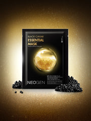 ProtoClinical k-beauty NEOGEN Black Caviar Essential Mask 23ml x 10ea single dark sheet mask pack with a vertical center panel on a light background