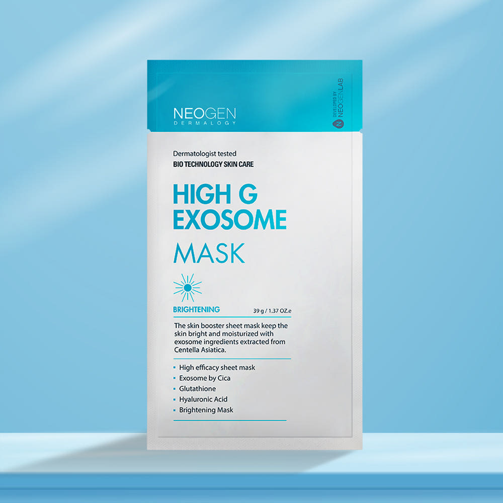 ProtoClinical k-beauty NEOGEN Dermalogy High G Exosome Mask Sheet 39g X 5ea single blue sheet mask pack with darker side panels on a pale background