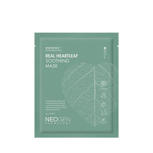 ProtoClinical k-beauty NEOGEN Dermalogy Real Heartleaf Soothing Mask 37g X 5ea single green sheet mask pack centered on a pale background with darker side panels
