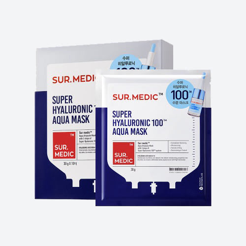 ProtoClinical k-beauty NEOGEN SUR.MEDIC Super Hyaluronic 100 Aqua Mask 30g X 10ea single lavender-blue sheet mask pack centered on a light background with pale aqua side bands