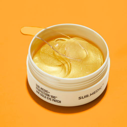 ProtoClinical k-beauty NEOGEN SUR.MEDIC+ Perfection 100TM 24K Gold Eye Patch 75g/60ea single gold eye patch jar centered on a bright orange background