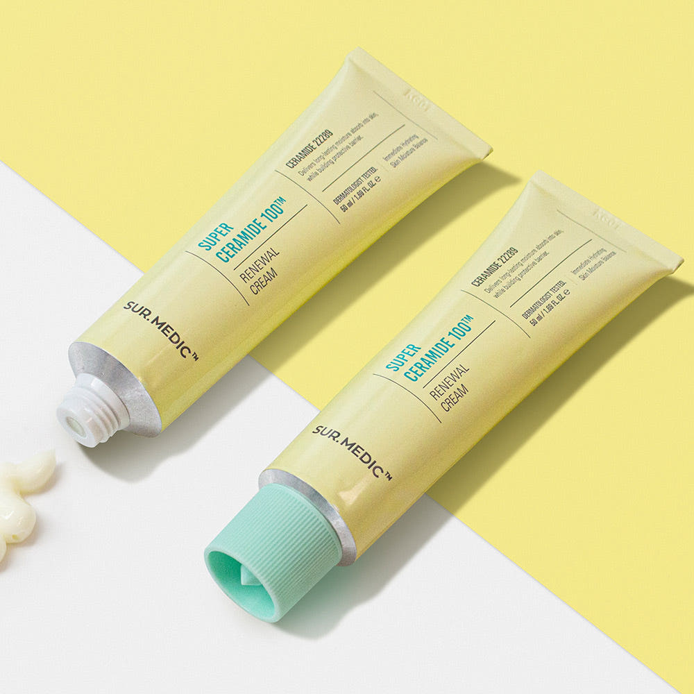 ProtoClinical k-beauty NEOGEN Surmedic Super Ceramide 100TM Renewal Cream 50ml golden yellow beauty graphic with a pale blue lower edge on a light background.