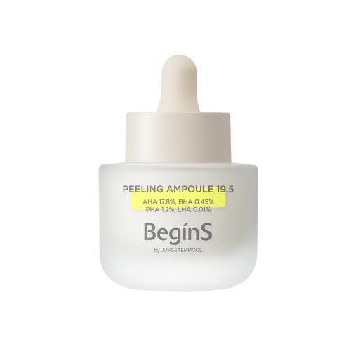 ProtoClinical k-beauty JUNGSAEMMOOL Peeling Ampoule 19.5 30ml as a single upright olive-green ampoule bottle centered on a white background with pale pink side accents
