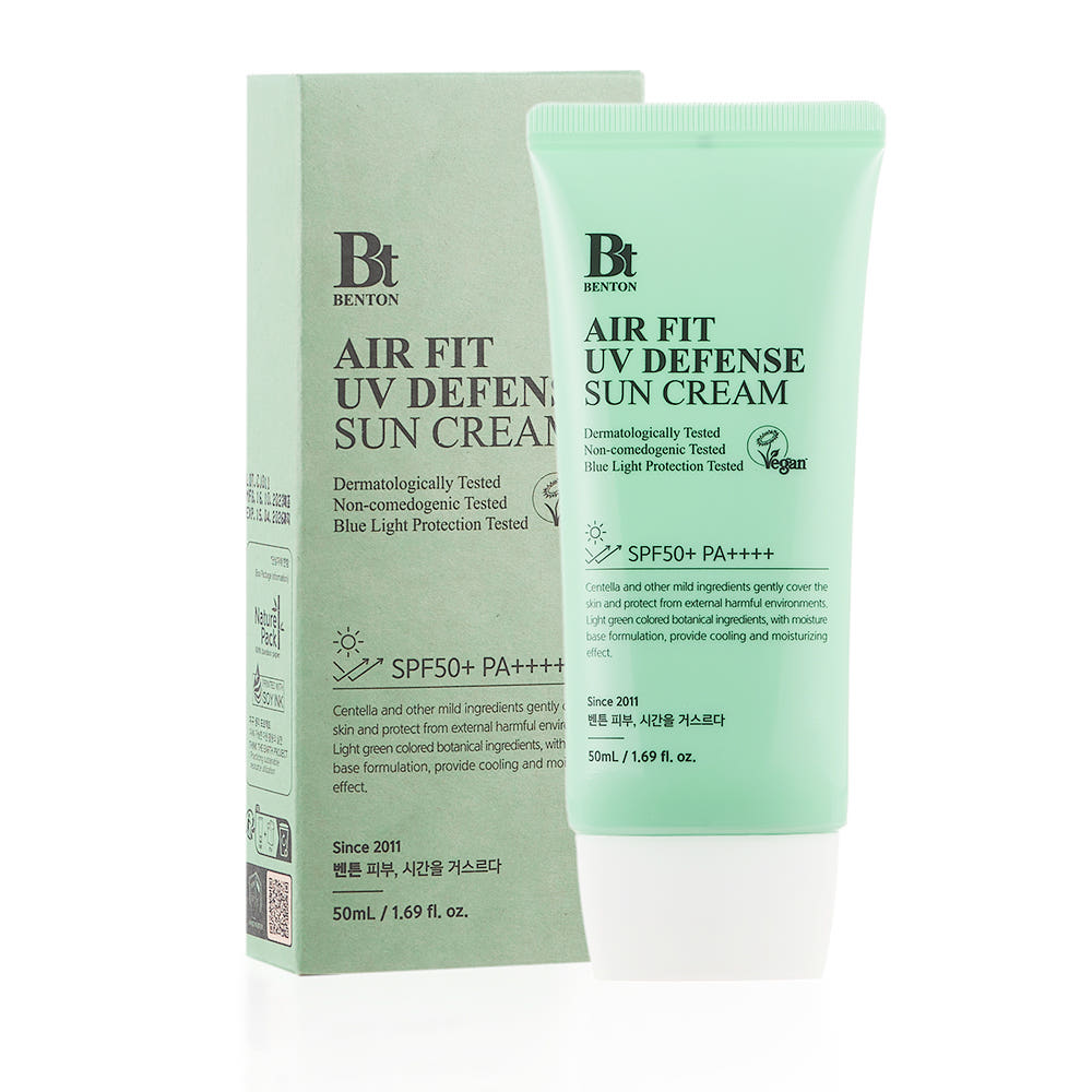ProtoClinical k-beauty Benton Air Fit UV Defense Sun Cream SPF 50+ PA++++ 50ml single upright green sun cream package centered on a light background.