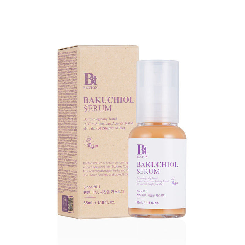 ProtoClinical k-beauty Benton Bakuchiol Serum 35ml single upright beige serum bottle centered on a pale background with soft blue side shading
