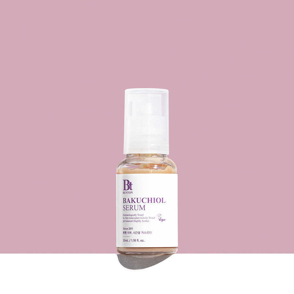 ProtoClinical k-beauty Benton Bakuchiol Serum 35ml single upright pale beige serum package centered on a soft pink background with a faint gray base shadow