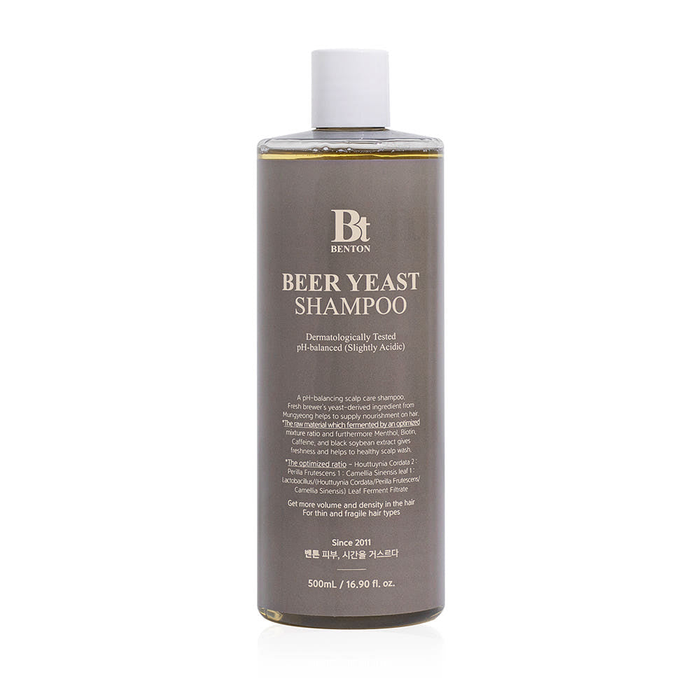 Benton Beer Yeast Shampoo 500ml by ProtoClinical displayed in a centered bottle packshot on a white background, highlighting the branded shampoo packaging for a k-beauty hair care routine.