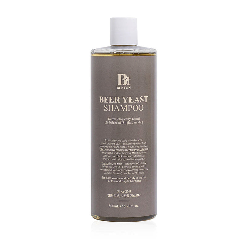 Benton Beer Yeast Shampoo 500ml by ProtoClinical displayed in a centered bottle packshot on a white background, highlighting the branded shampoo packaging for a k-beauty hair care routine.