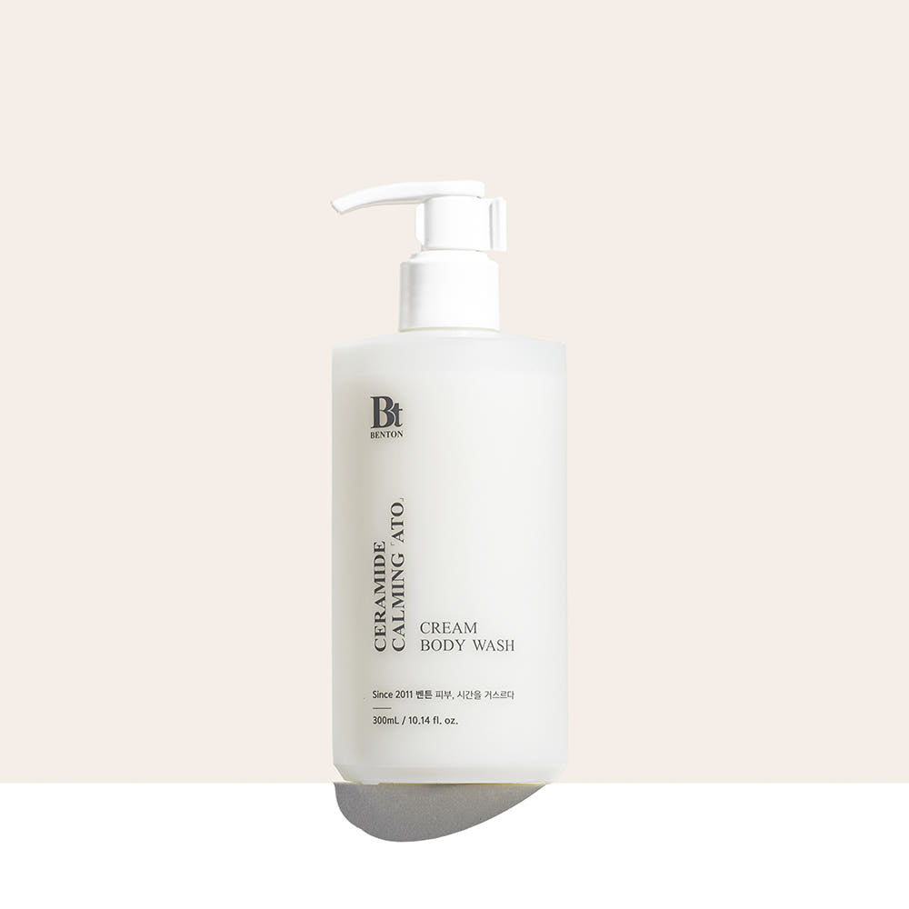 Benton Ceramide Calming Ato Body Wash 300ml by ProtoClinical shown in a front-facing body wash bottle on a white background, highlighting the calming label design for a k-beauty body care routine.