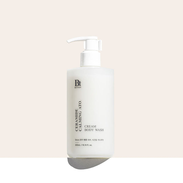 Benton Ceramide Calming Ato Body Wash 300ml by ProtoClinical shown in a front-facing body wash bottle on a white background, highlighting the calming label design for a k-beauty body care routine.