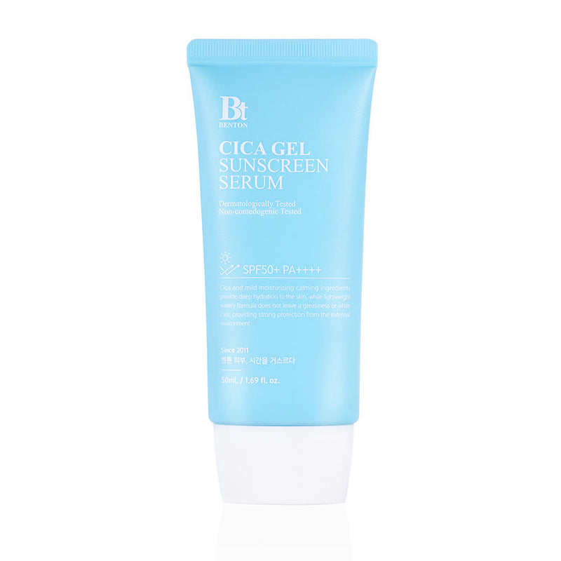 Benton Cica Gel Sunscreen Serum 50ml by ProtoClinical displayed in a centered product packshot on a white background, highlighting the branded sunscreen serum packaging for a k-beauty routine.
