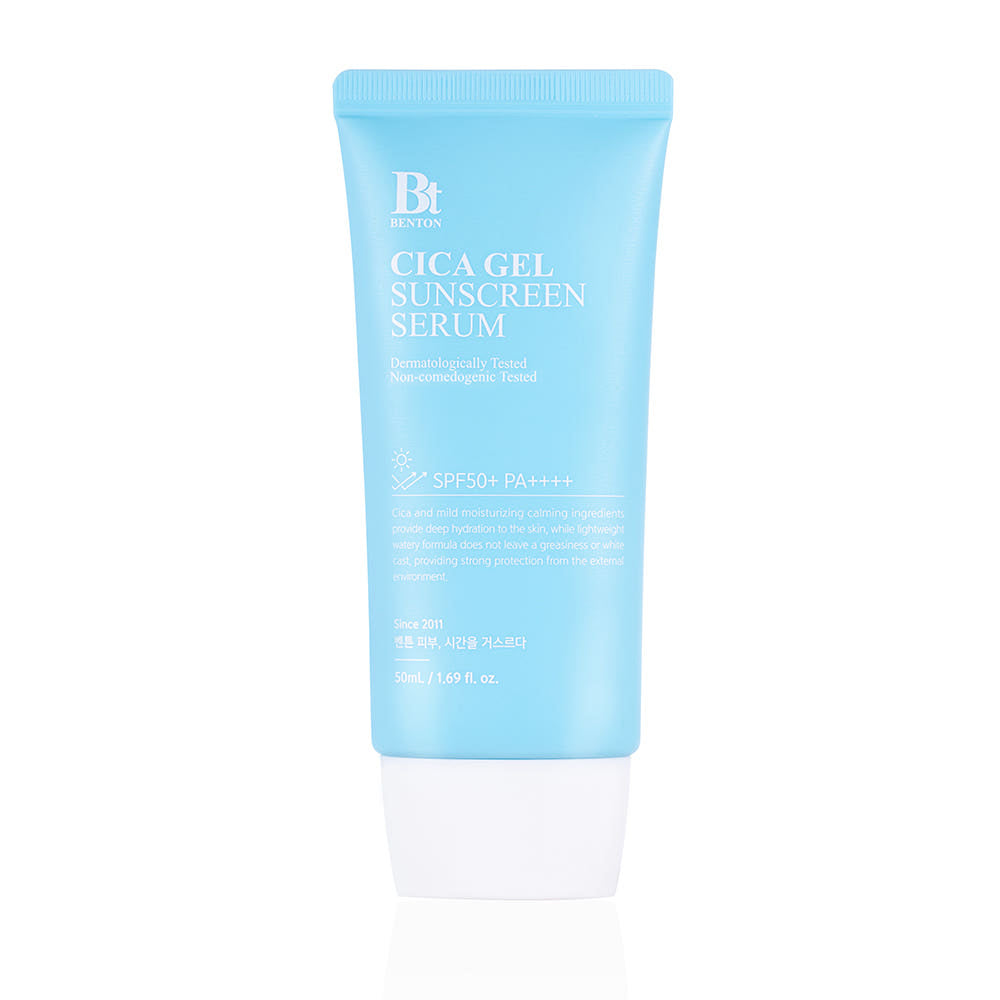 Benton Cica Gel Sunscreen Serum 50ml by ProtoClinical shown in a front-facing sunscreen serum package on a white background, highlighting the label and slim packaging for a k-beauty sun care routine.