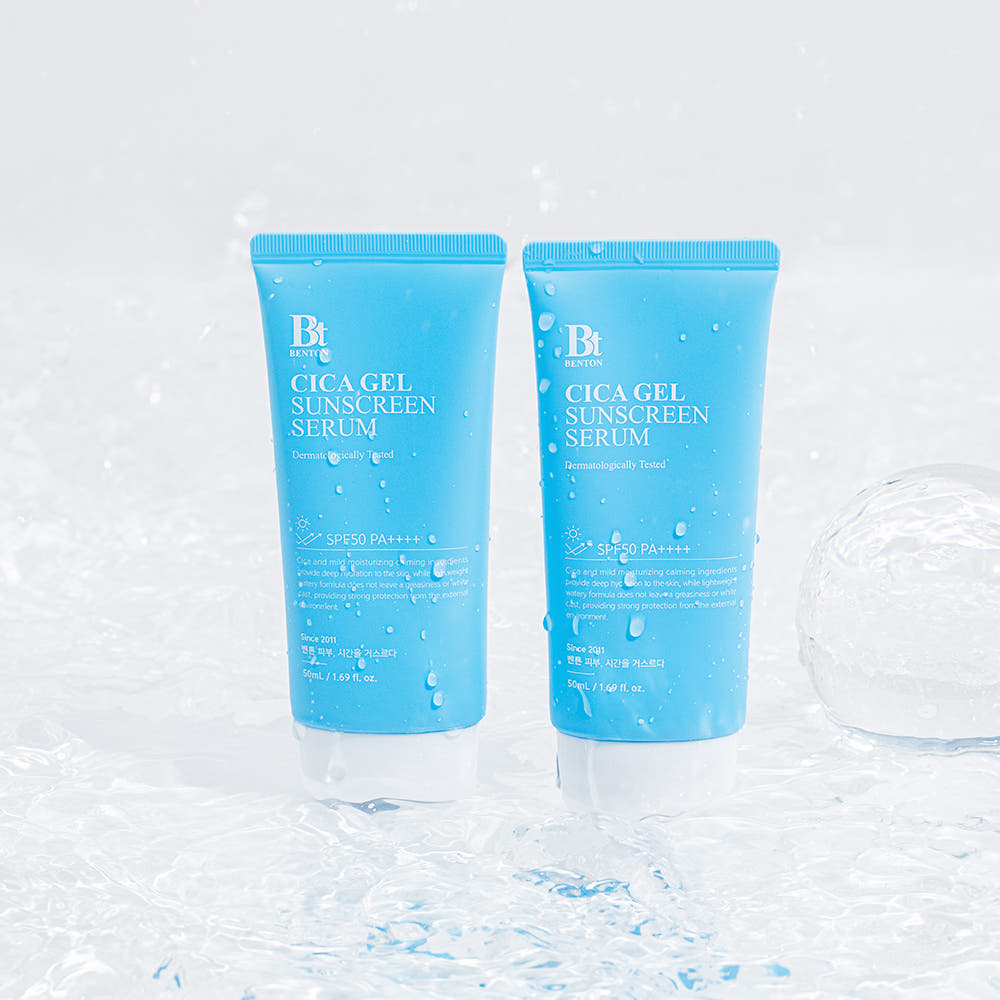 Benton Cica Gel Sunscreen Serum 50ml by ProtoClinical presented in a clean skincare visual on a white background, highlighting the sunscreen serum package for a k-beauty sun care routine.