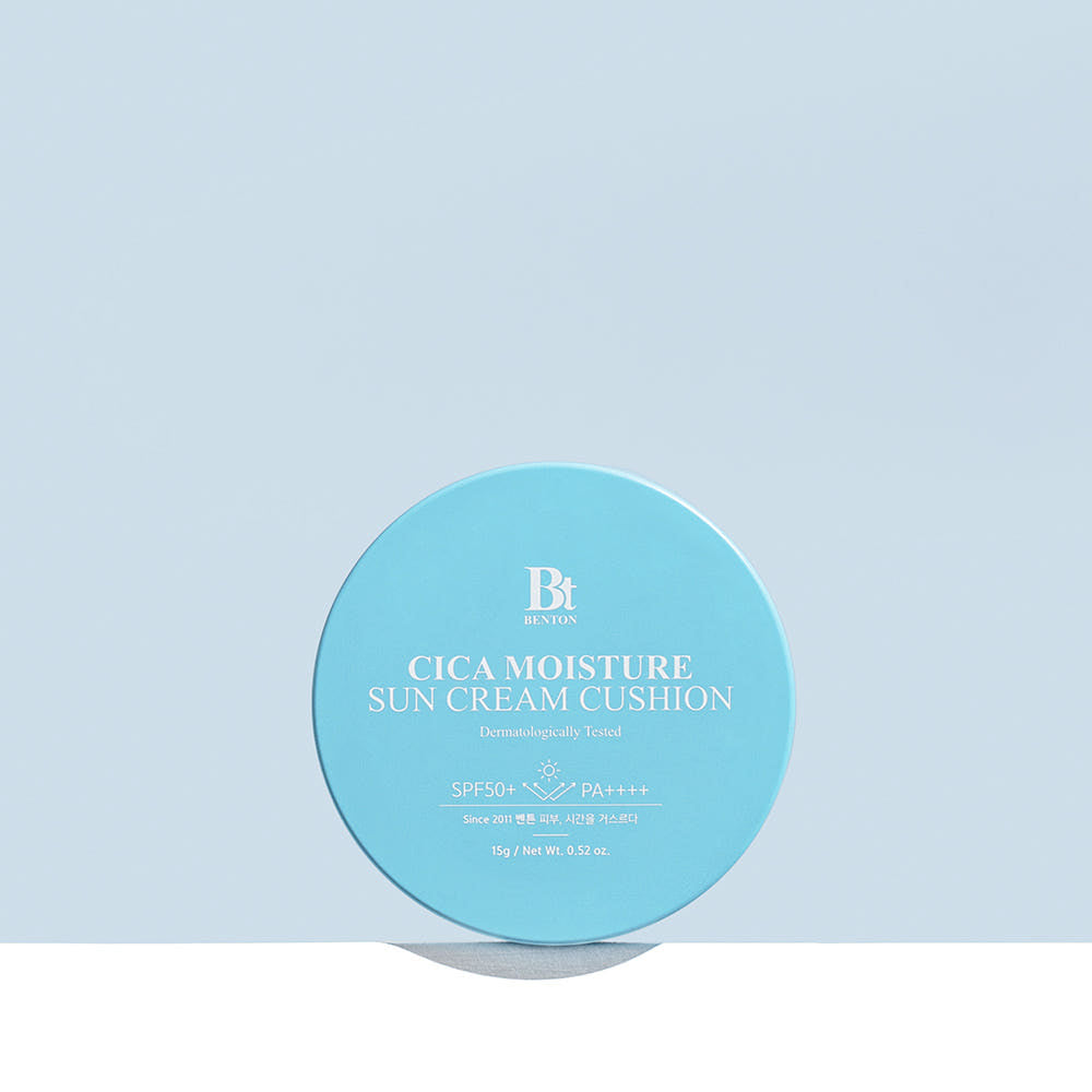 BENTON Cica Moisture Sun Cream Cushion 15g by ProtoClinical presented in a clean product visual on a white background, highlighting the compact case and label for a k-beauty sun care routine.