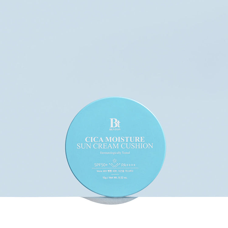 BENTON Cica Moisture Sun Cream Cushion 15g by ProtoClinical presented in a clean product visual on a white background, highlighting the compact case and label for a k-beauty sun care routine.
