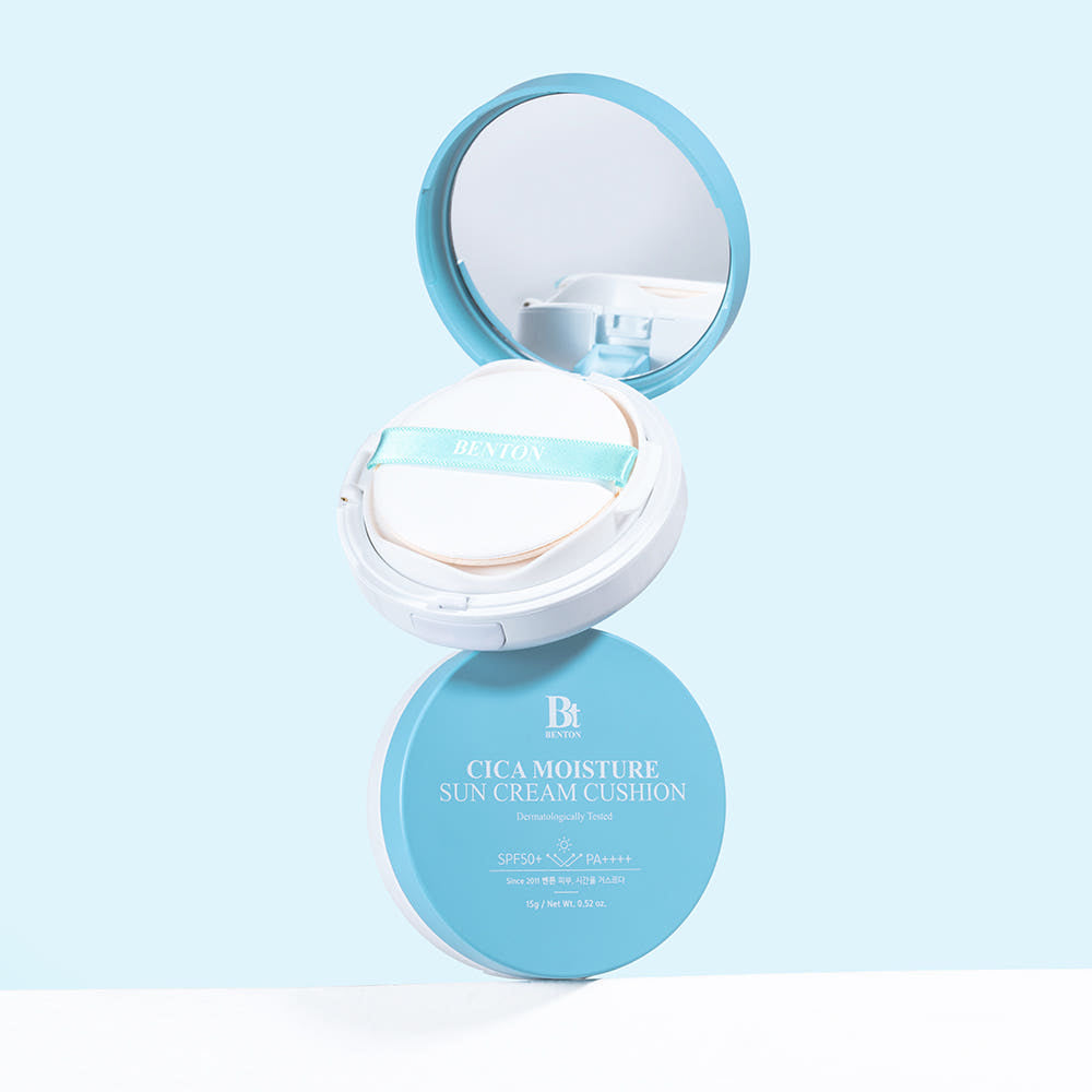 BENTON Cica Moisture Sun Cream Cushion 15g by ProtoClinical shown in a simple compact packshot on a white background, highlighting the branded cushion presentation for a k-beauty routine.