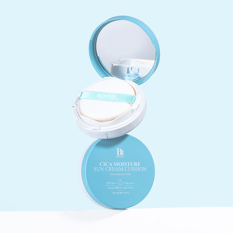 BENTON Cica Moisture Sun Cream Cushion 15g by ProtoClinical shown in a simple compact packshot on a white background, highlighting the branded cushion presentation for a k-beauty routine.