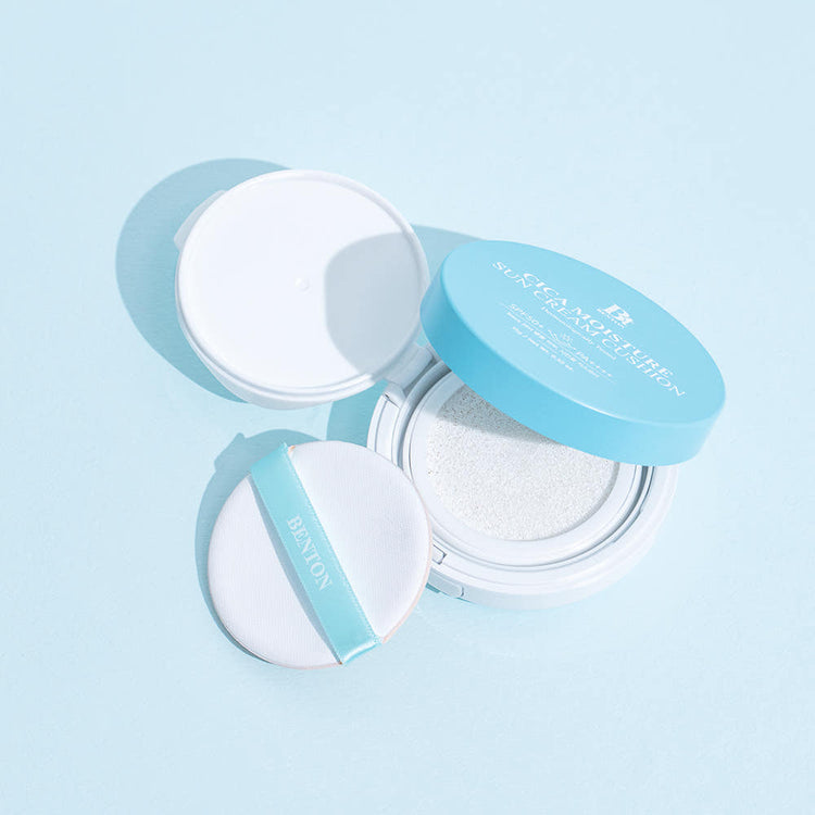 BENTON Cica Moisture Sun Cream Cushion 15g by ProtoClinical displayed in product packaging on a white background, highlighting the compact design for a k-beauty sun care routine.