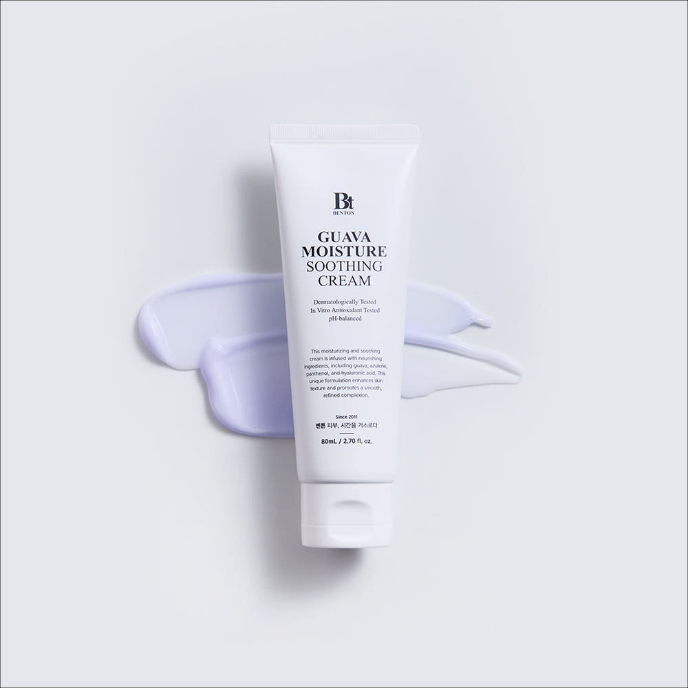 ProtoClinical k-beauty Benton Guava Moisture Soothing Cream 80ml single upright pale beige package centered on a white background with soft pink side shading