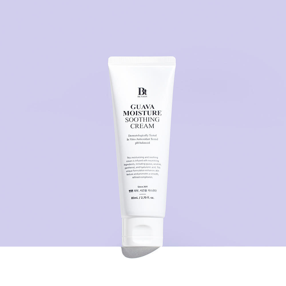 ProtoClinical k-beauty Benton Guava Moisture Soothing Cream 80ml single upright pale cream package centered on a soft lavender background with light side shading