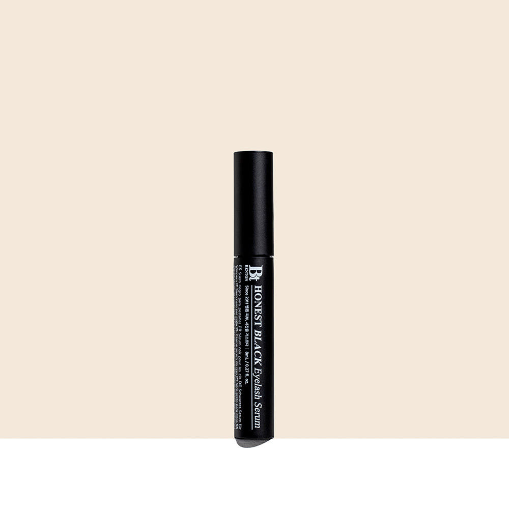 ProtoClinical k-beauty Benton Honest Black Eyelash Serum 8ml open black eyelash serum tube with a curved wand brush beside the bottle on a soft gray background