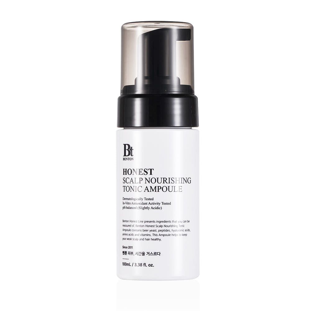 ProtoClinical k-beauty BENTON Honest Scalp Nourishing Tonic Ampoule 100ml single upright dark tonic ampoule bottle centered on a white background with pale lavender side accents