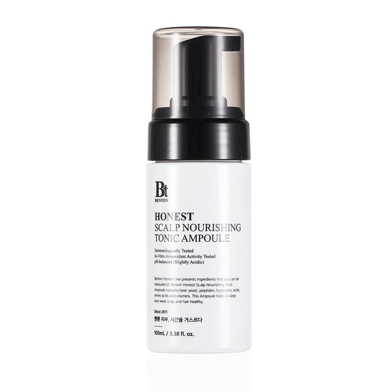 ProtoClinical k-beauty BENTON Honest Scalp Nourishing Tonic Ampoule 100ml single upright dark tonic ampoule bottle centered on a white background with pale lavender side accents