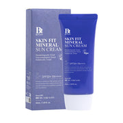 ProtoClinical k-beauty Benton Skin Fit Mineral Sun Cream SPF50+ PA++++ 50ml single upright blue sun cream package centered on a light background.
