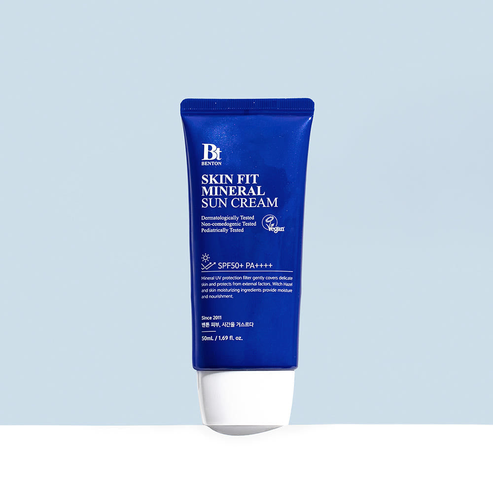 ProtoClinical k-beauty Benton Skin Fit Mineral Sun Cream SPF50+ PA++++ 50ml single upright sun cream package centered on a light background.