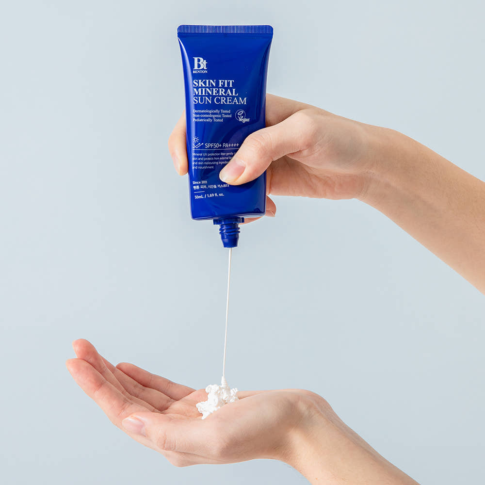 ProtoClinical k-beauty Benton Skin Fit Mineral Sun Cream SPF50+ PA++++ 50ml single upright blue sun cream package centered on a light background.