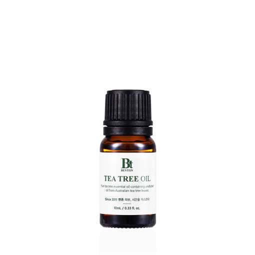 Benton Tea Tree Oil 10ml by ProtoClinical shown in a front-facing tea tree oil bottle on a white background, highlighting the labeled packaging for a k-beauty skincare routine.